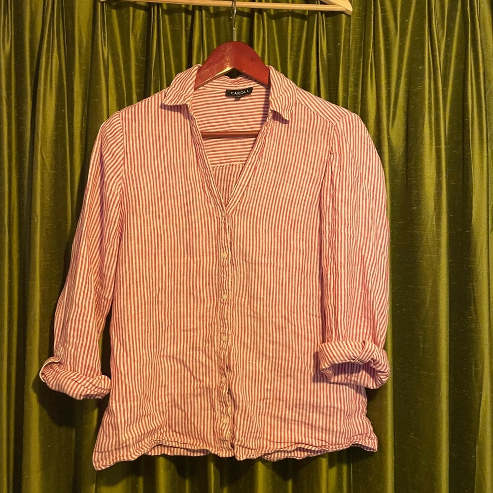 100% Linen Red Striped Button Down Shirt